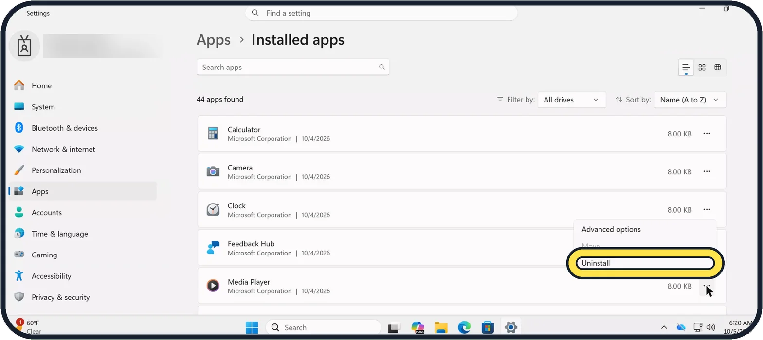 Windows screenshot: Click the three dots and choose Uninstall