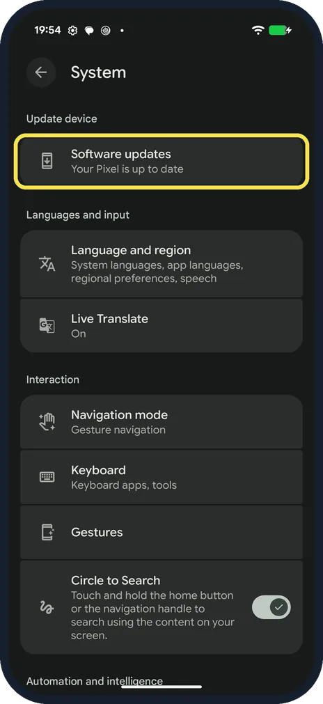 Screenshot from the guide: How to update a Google Pixel and its apps (Android 17)