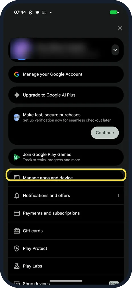 Android screenshot: Open the Play Store menu