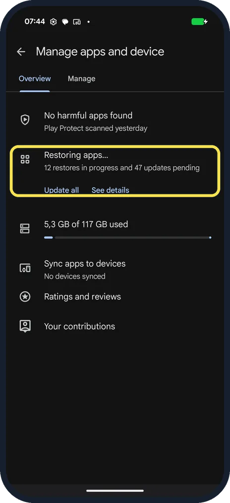 Android screenshot: Tap Update all