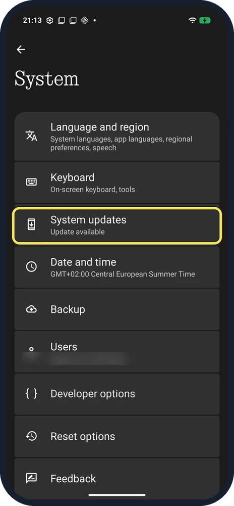 Android screenshot: Tap System updates