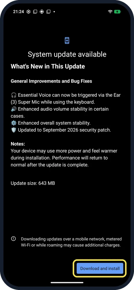 Android screenshot: Tap Download and install