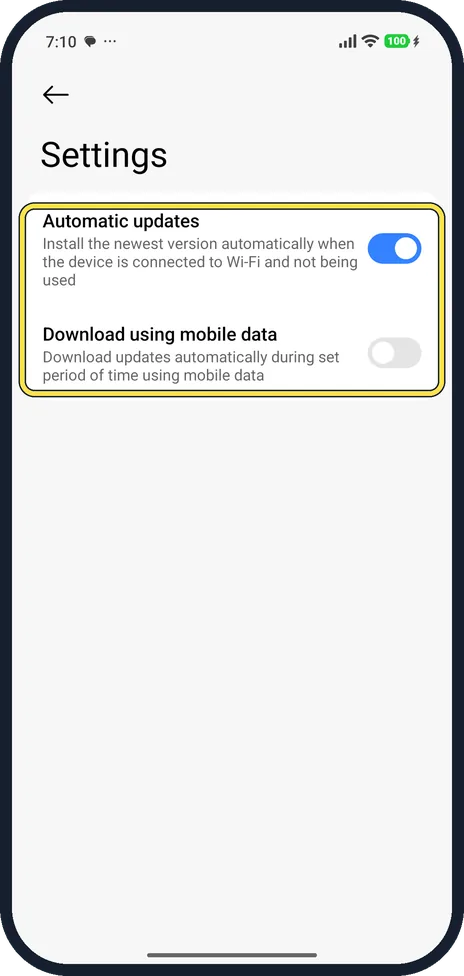 Android screenshot: Check the update settings
