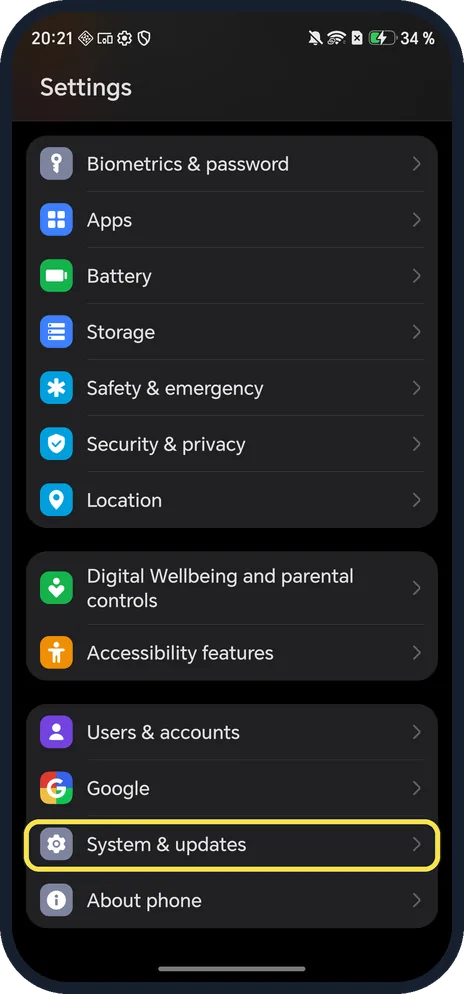 Android screenshot: Open System & updates