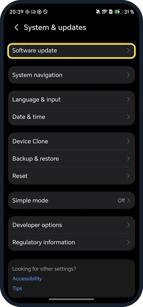 Android screenshot: Tap Software update