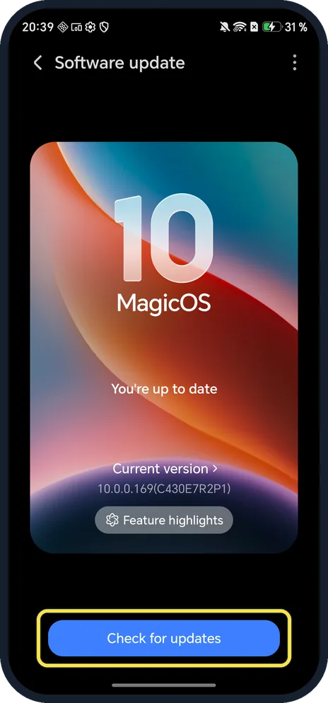 Android screenshot: Tap Check for updates