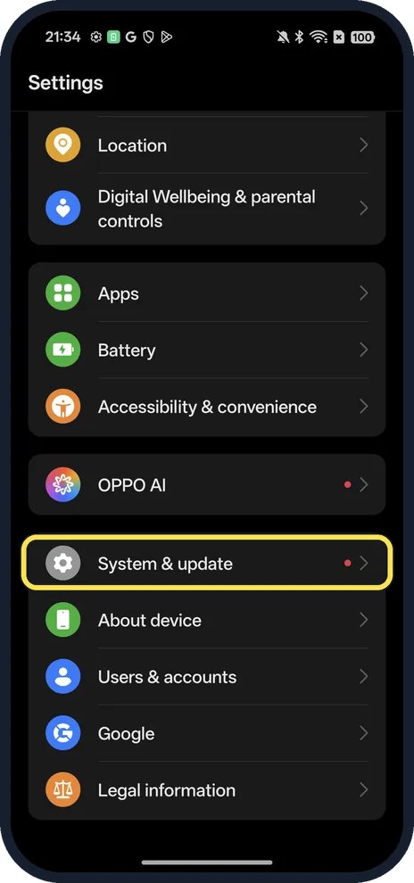 Screenshot from the guide: How to update an OPPO phone (ColorOS 16)