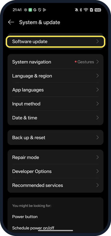 Android screenshot: Tap Software update