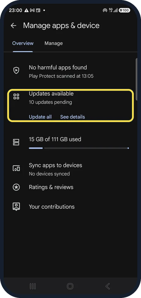 Android screenshot: Open Manage apps & device