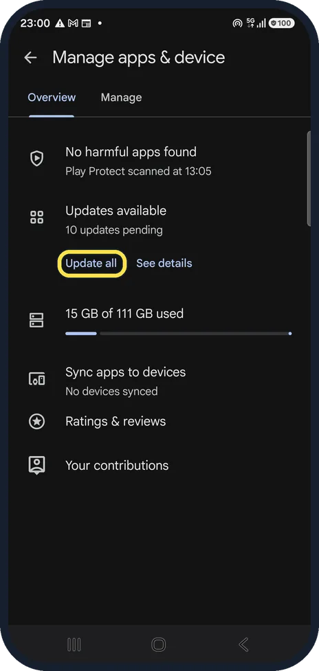 Android screenshot: Update all or one app