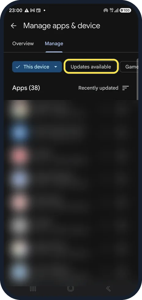 Android screenshot: Use the Manage tab