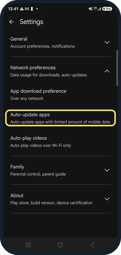 Android screenshot: Turn on automatic updates