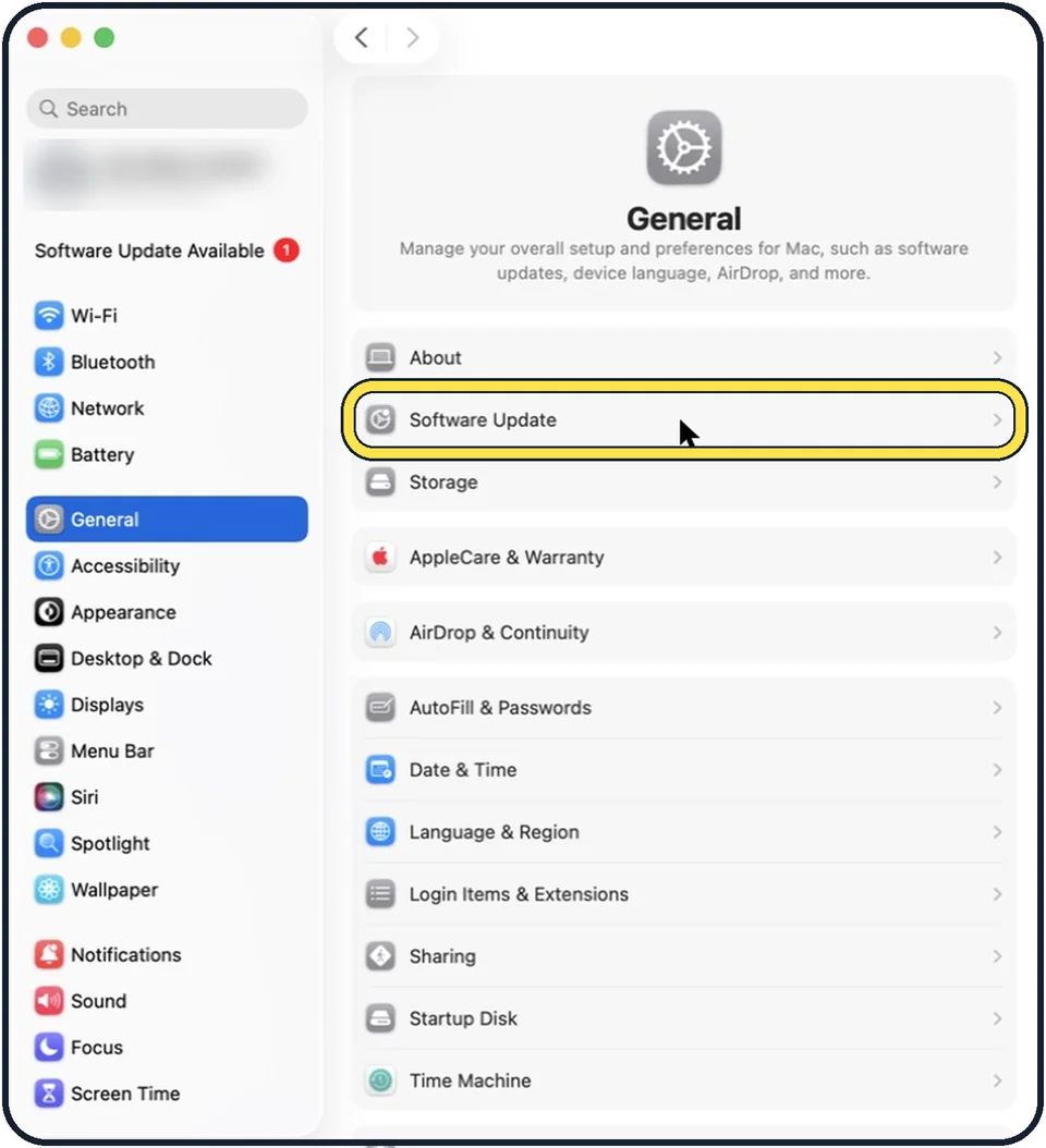 Mac screenshot: Click Software Update