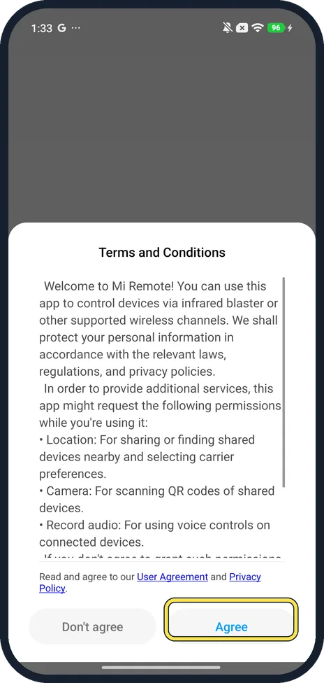 Android screenshot: Agree to the terms