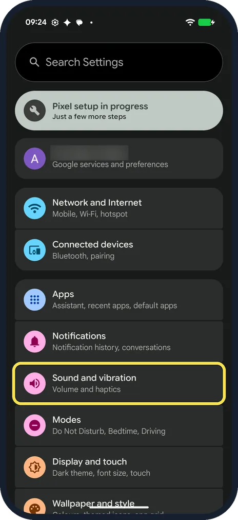 Android screenshot: Open Sound and vibration