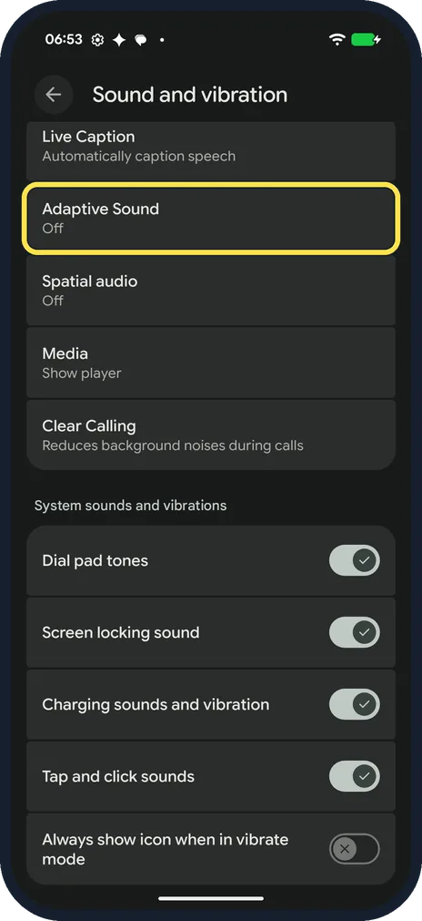 Android screenshot: Tap Adaptive Sound