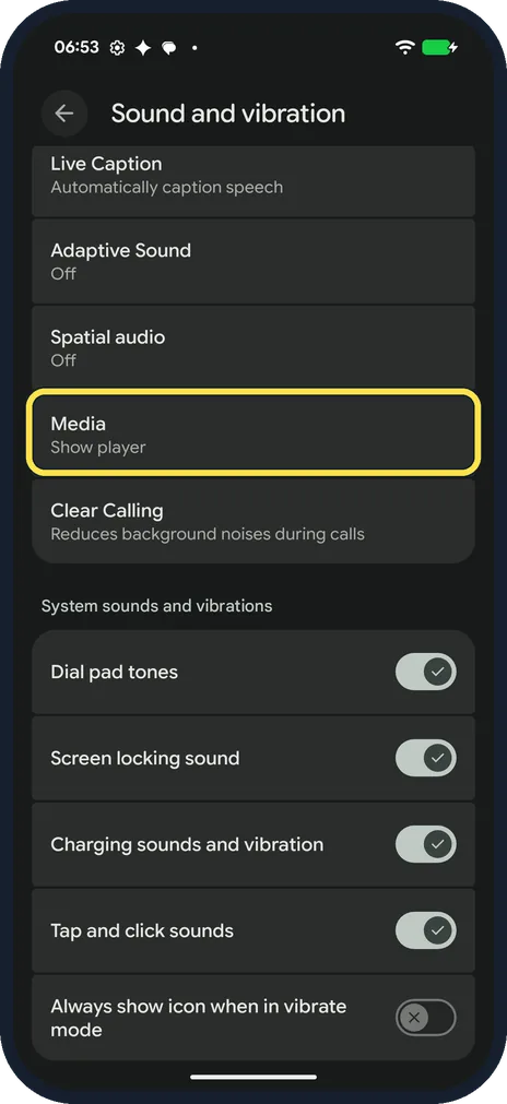 Android screenshot: Tap Media
