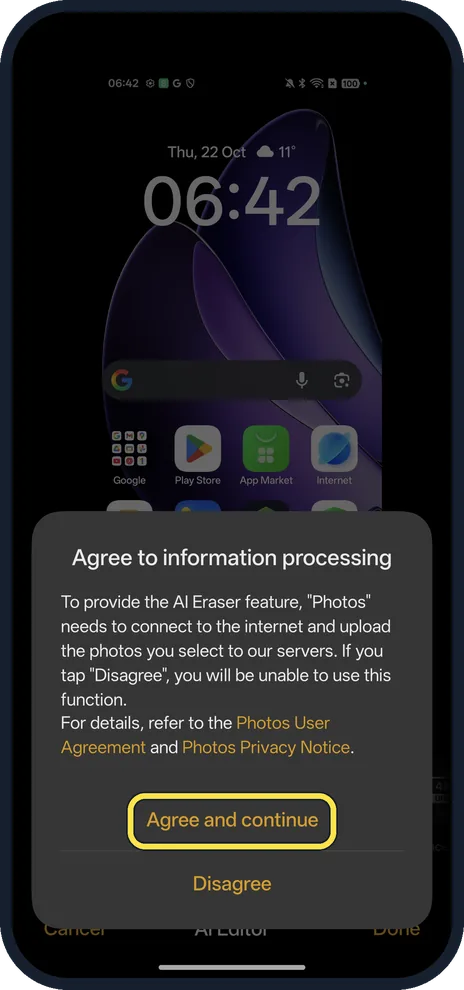 Android screenshot: Decide on the information processing notice