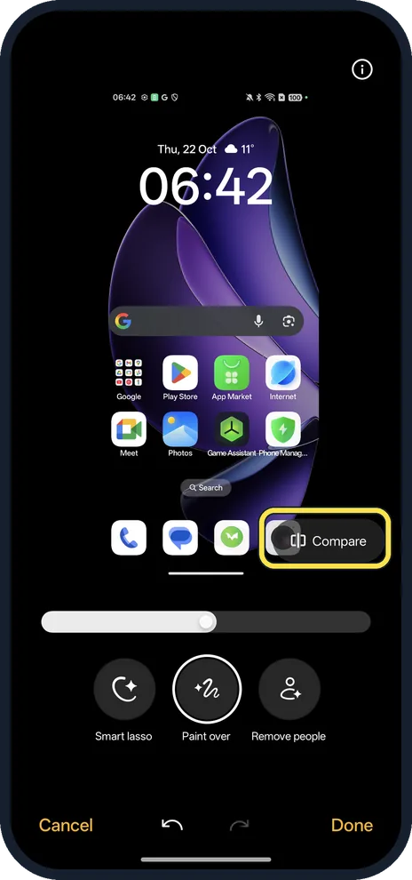 Android screenshot: Compare, then tap Done
