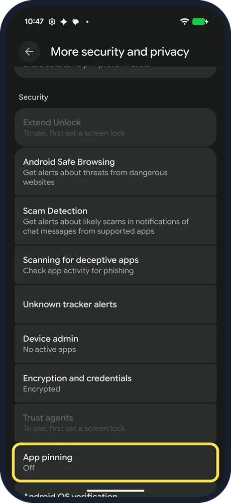 Screenshot from the guide: How to use app pinning on a Google Pixel (Android 17)