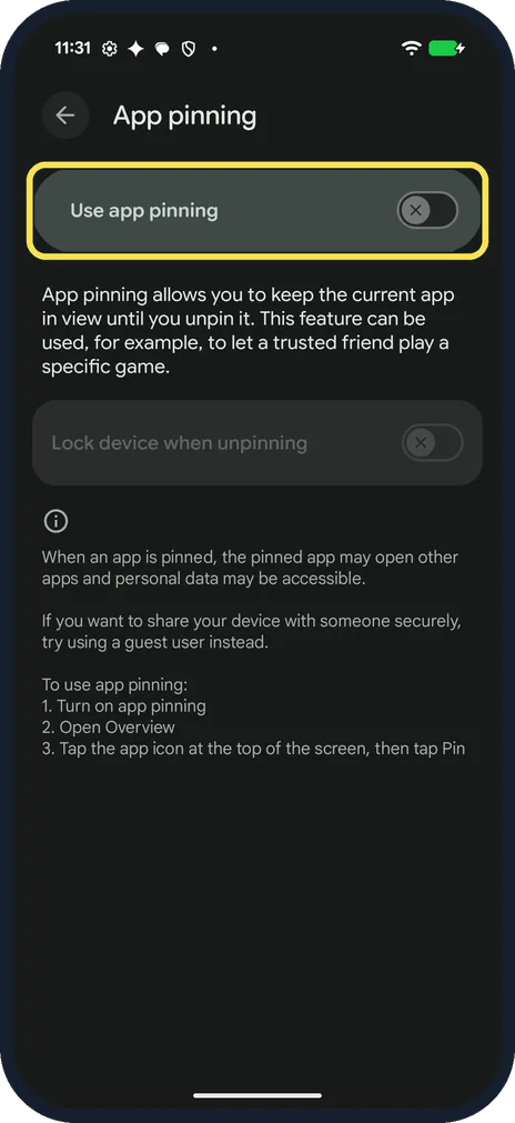 Android screenshot: Turn it off again