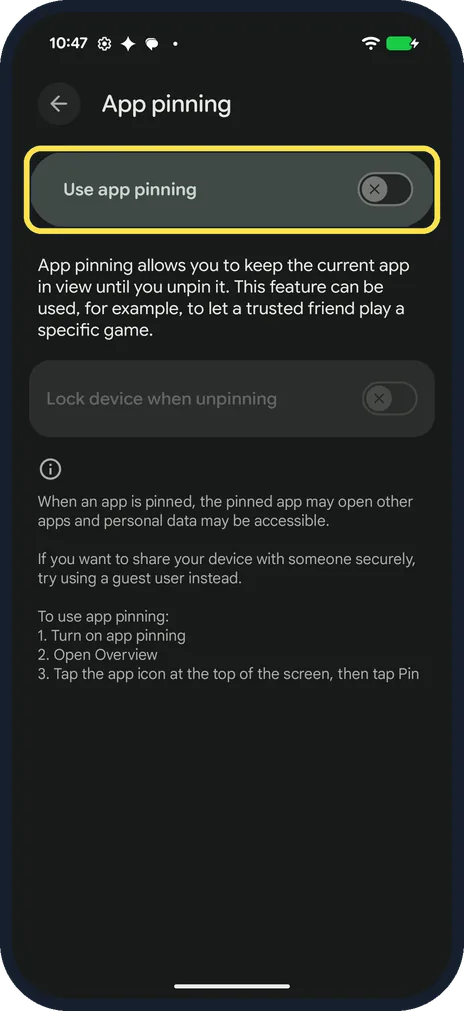 Android screenshot: Turn on Use app pinning