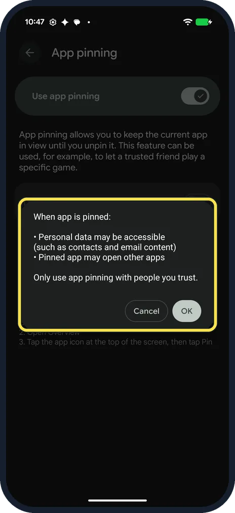 Android screenshot: Read the box and tap OK