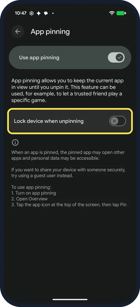 Android screenshot: Lock device when unpinning