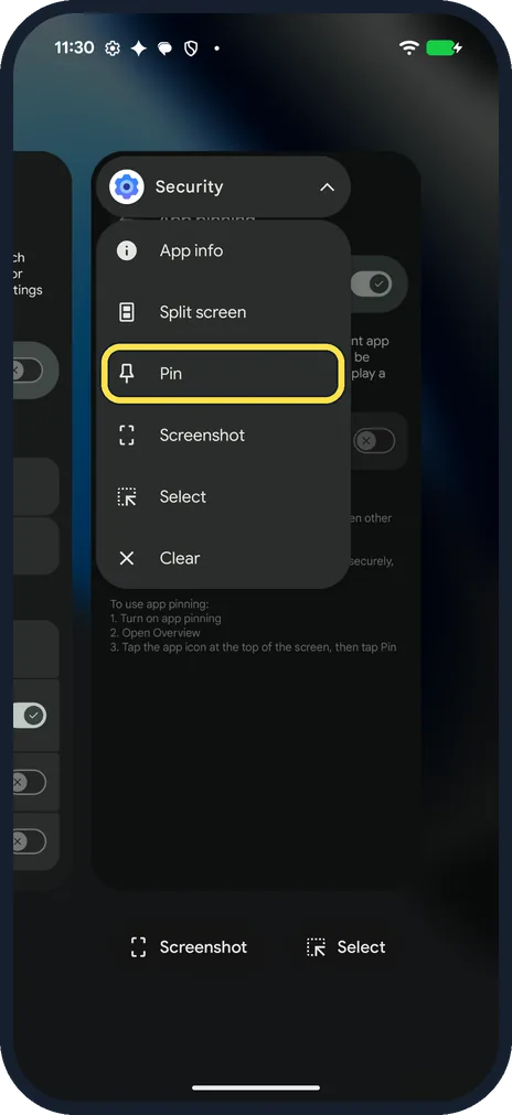 Android screenshot: Tap Pin