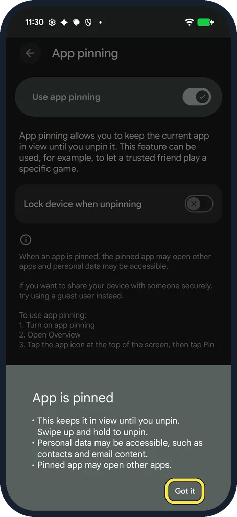 Android screenshot: Tap Got it