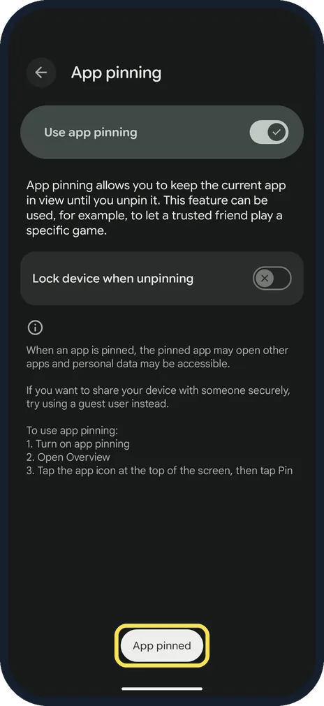 Android screenshot: The app is pinned
