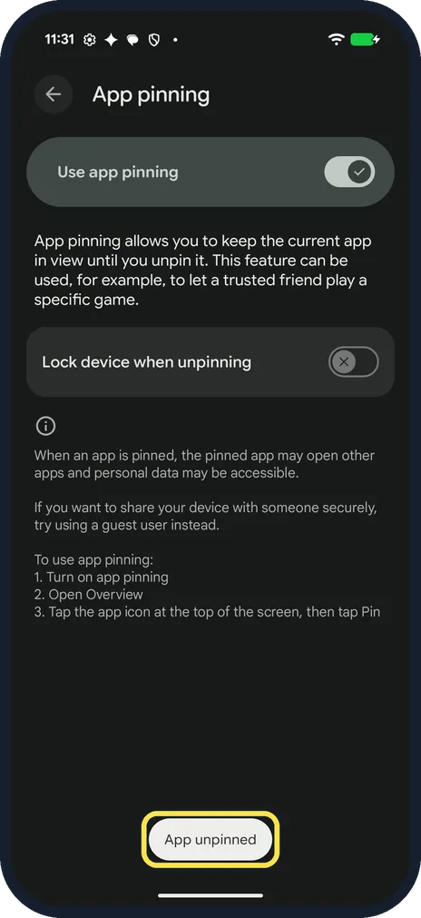 Android screenshot: Swipe up and hold to unpin