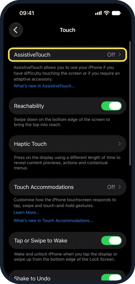 iPhone screen: Tap AssistiveTouch and switch it on