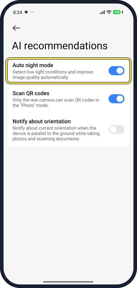 Android screenshot: Or use the switch in Settings