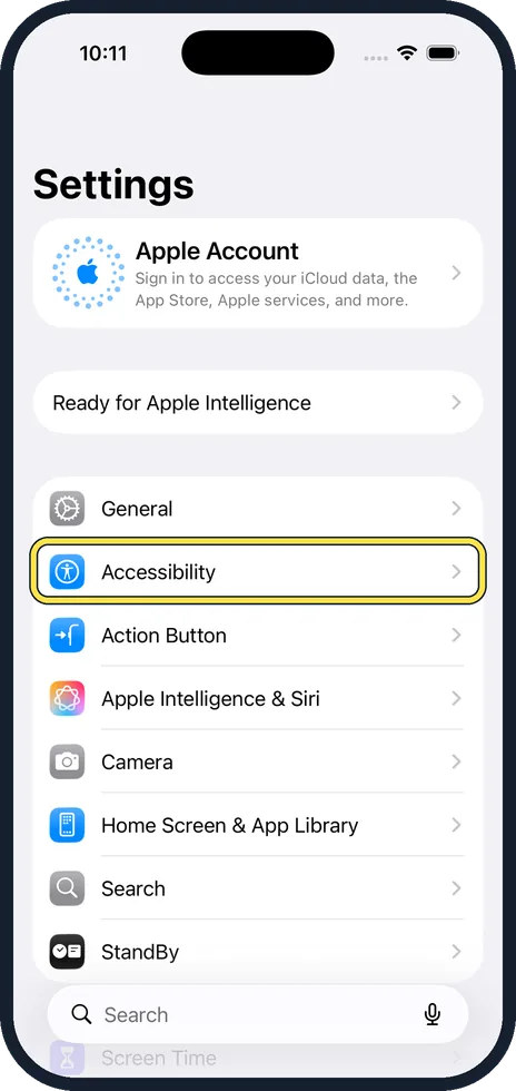 iPhone screen: Open Settings and tap Accessibility