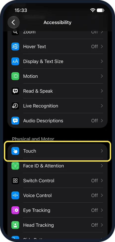 iPhone screen: Tap Touch