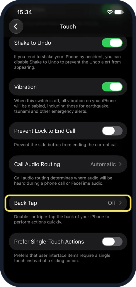iPhone screen: Scroll down and tap Back Tap