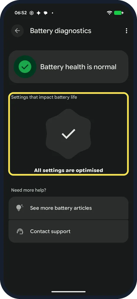 Android screenshot: Check the settings result