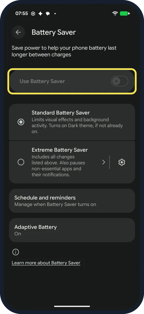 Android screenshot: Turn on Use Battery Saver