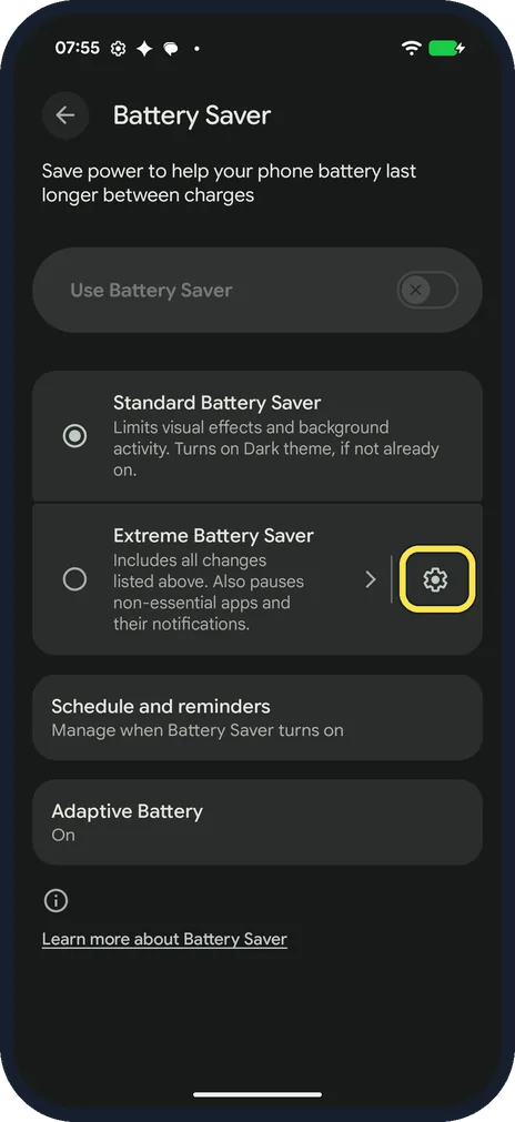 Android screenshot: Open Extreme's settings