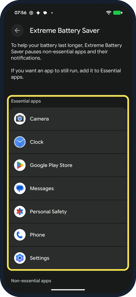 Android screenshot: Check the Essential apps