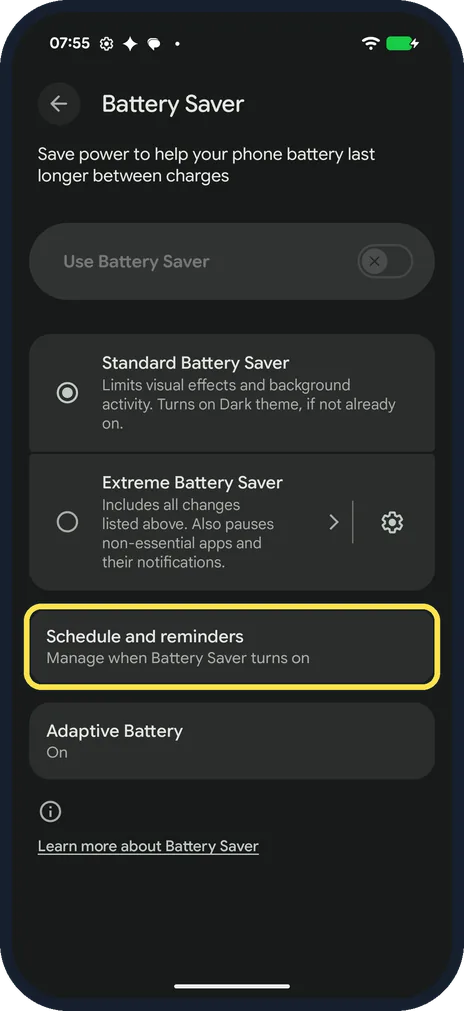 Android screenshot: Open Schedule and reminders