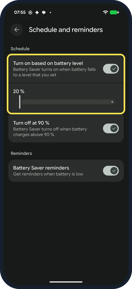 Android screenshot: Turn on at a battery level
