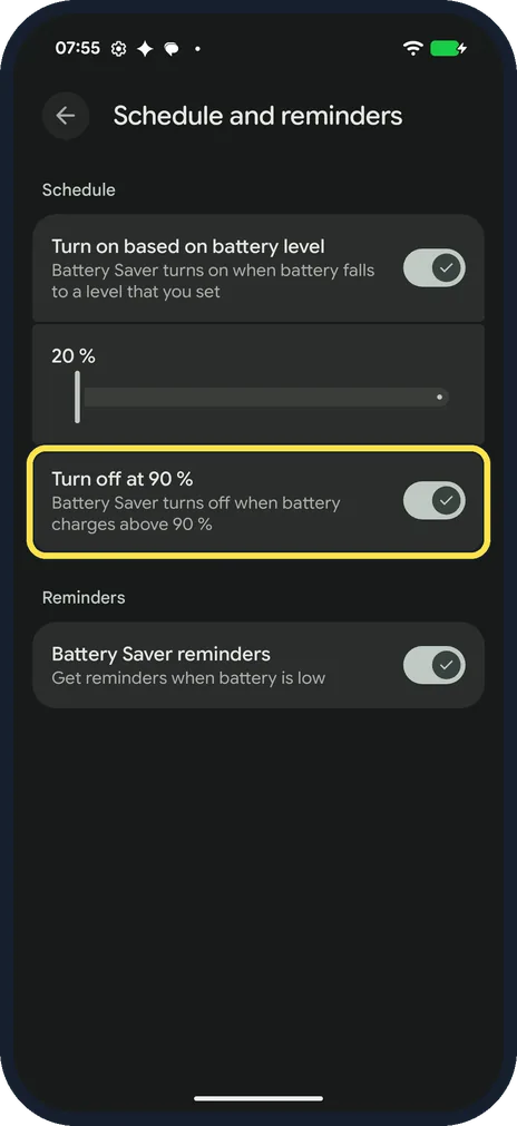 Android screenshot: Turn off when charged