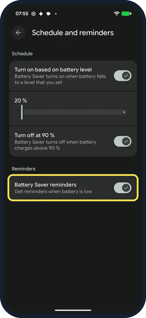 Android screenshot: Battery Saver reminders