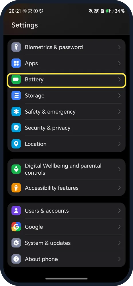 Android screenshot: Open Battery