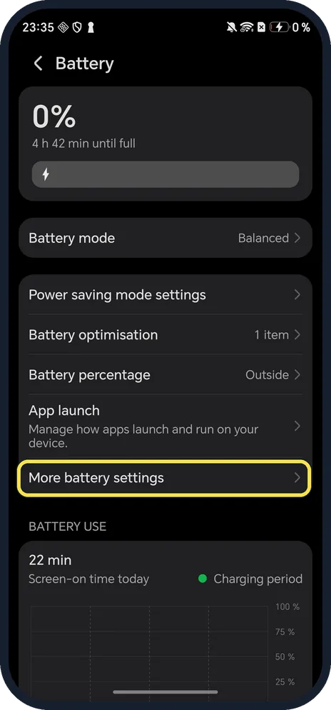 Android screenshot: Tap More battery settings