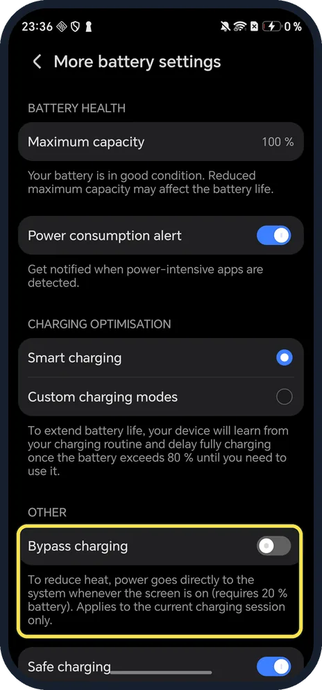 Android screenshot: Turn on Bypass charging