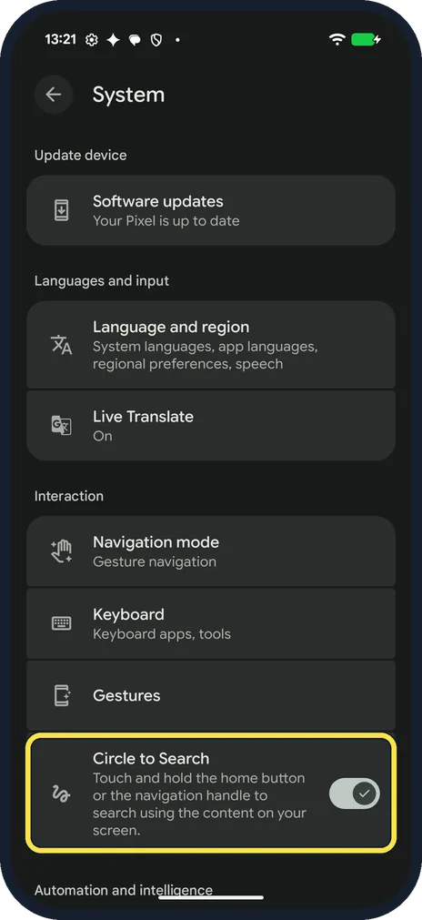 Android screenshot: Find Circle to Search