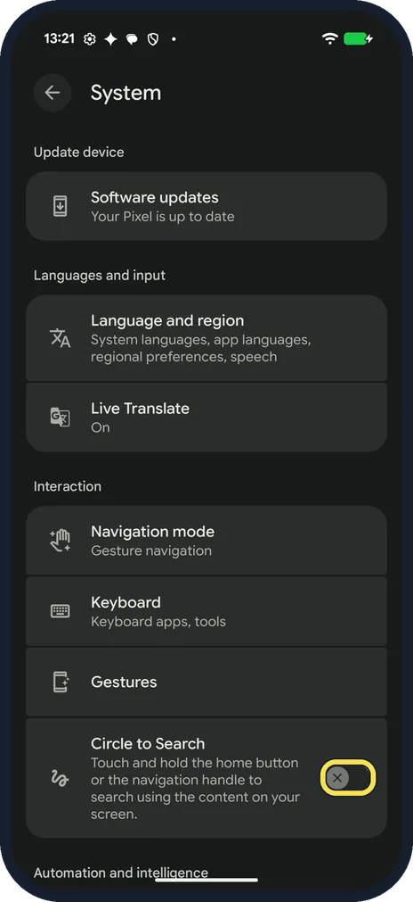 Android screenshot: An X means it is off